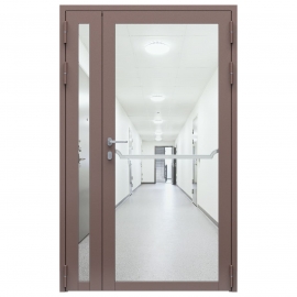 Дверь противопожарная остекленная двупольная ДПО-02/60 (EIW60) из стального профиля, торцевая коробка (1250х2090мм), RAL8017