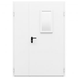 Дверь противопожарная металлическая двупольная ДПМ-Пульс-02/60 (EI60) с остеклением неравнопольная угло-торцевая коробка (1400-2100, Правая, RAL 9016)