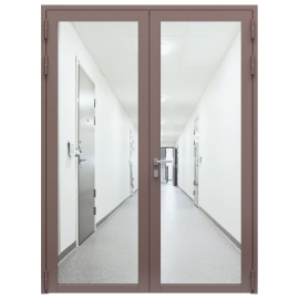Дверь противопожарная остекленная двупольная ДПО-02/30 (EIW30) из стального профиля, торцевая коробка (1800х2090мм), порог с притвором, равнопольная