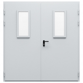 Дверь противопожарная металлическая двупольная ДПМ-Пульс-02/30К (EI 30) с остеклением равнопольная торцевая коробка (2100-2150, Правая, RAL 7040)