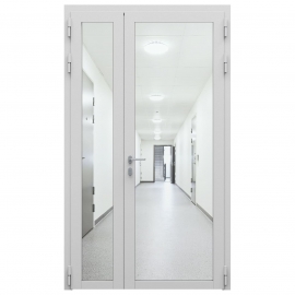 Дверь противопожарная остекленная двупольная ДПО-02/60 (EIWS 60) из стального профиля, торцевая коробка (1480х2090мм), порог с притвором, рабочая створка 900мм