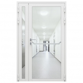 Дверь противопожарная остекленная двупольная ДПО-02/30 (EIW30) из стального профиля, торцевая коробка (1250х2090мм), RAL7035