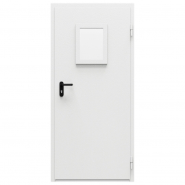 Дверь противопожарная металлическая ДПМ-Пульс-01/30К (EIS 30) дымогазонепроницаемая с остеклением, угловая коробка (0950-2075), правая, RAL 7035