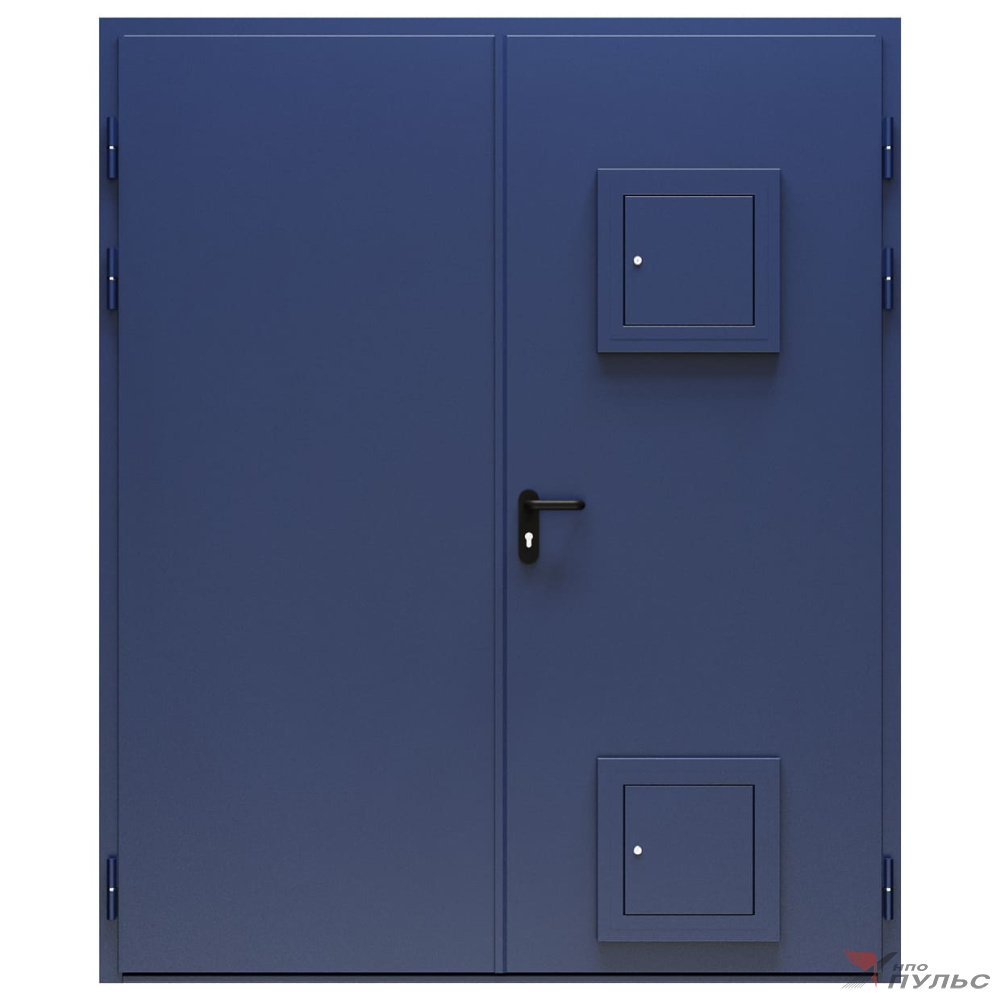 Дверь противопожарная металлическая сплошная двупольная дымогазонепроницаемая равнопольная угловая коробка типа ДПМ-Пульс-02/60 (EIS 60) со стыковочными узлами (1750-2175, Правая, RAL 5003)
