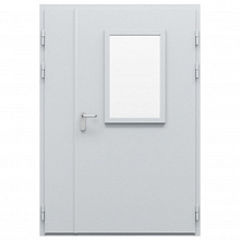 Дверь противопожарная металлическая двупольная ДПМ-Пульс-02/30К (EI 30) с остеклением неравнопольная торцевая коробка (1400-2075, Правая, RAL 7040)
