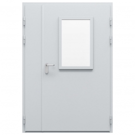 Дверь противопожарная металлическая двупольная ДПМ-Пульс-02/30К с остеклением неравнопольная торцевая коробка (1400-2075, Правая, RAL 7040)